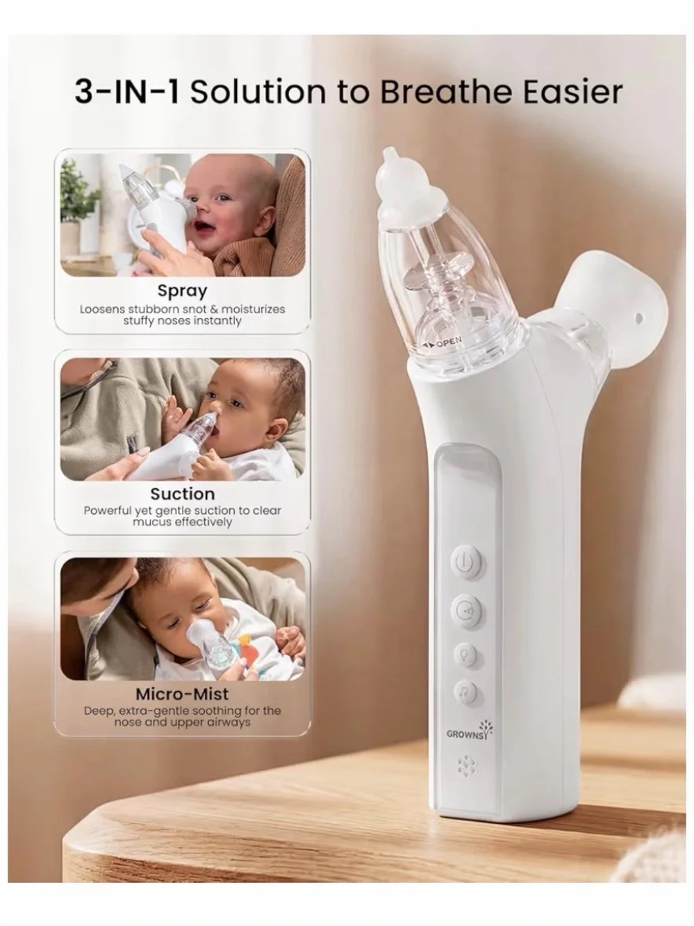 NWT - GROWNSY 3-in-1 Nasal Aspirator for Kids - White